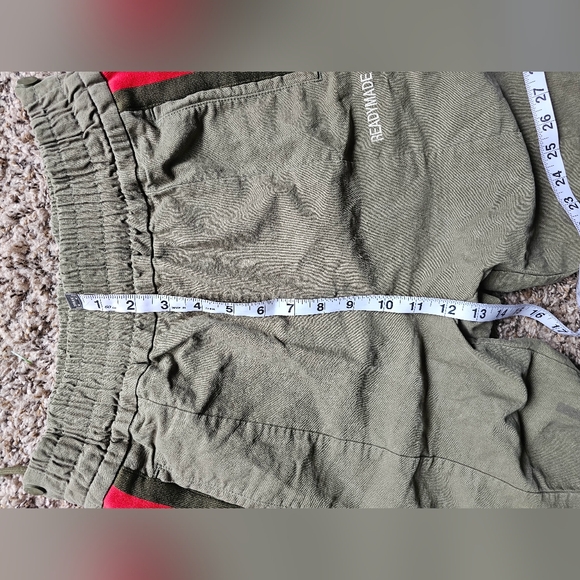 READYMADE Army green Khaki Red stripe clips on sides track pants joggers S-M - Picture 8 of 11